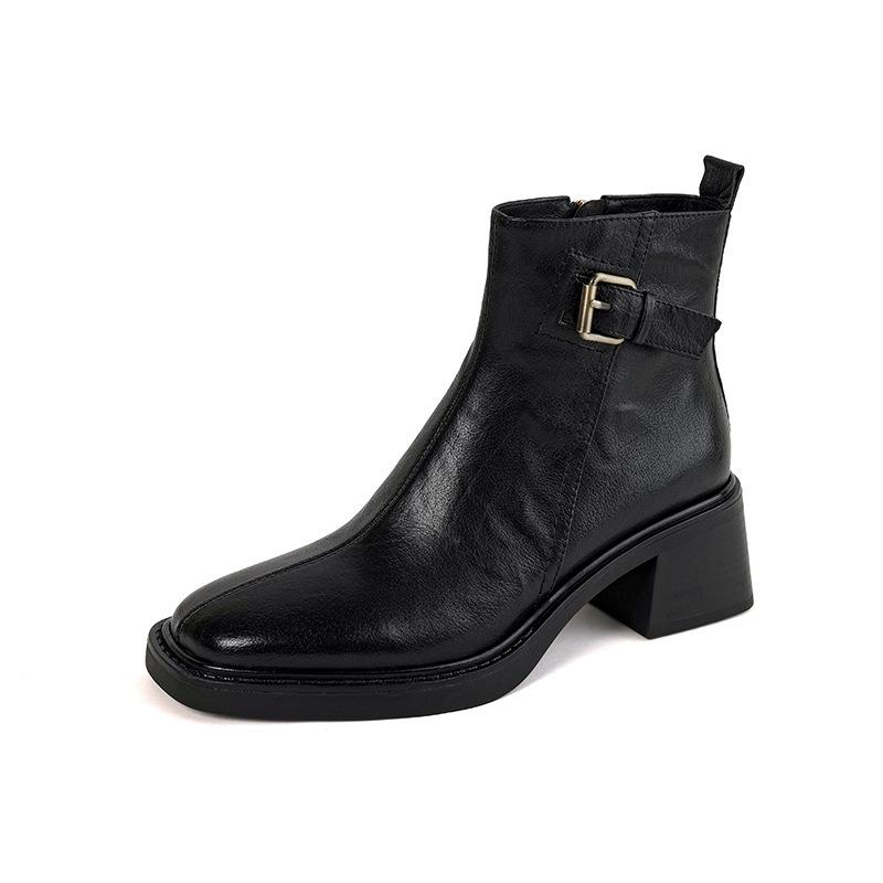 French retro square head medium heel thick heel belt buckle short boots femininity side zipper British retro and ankle boots
