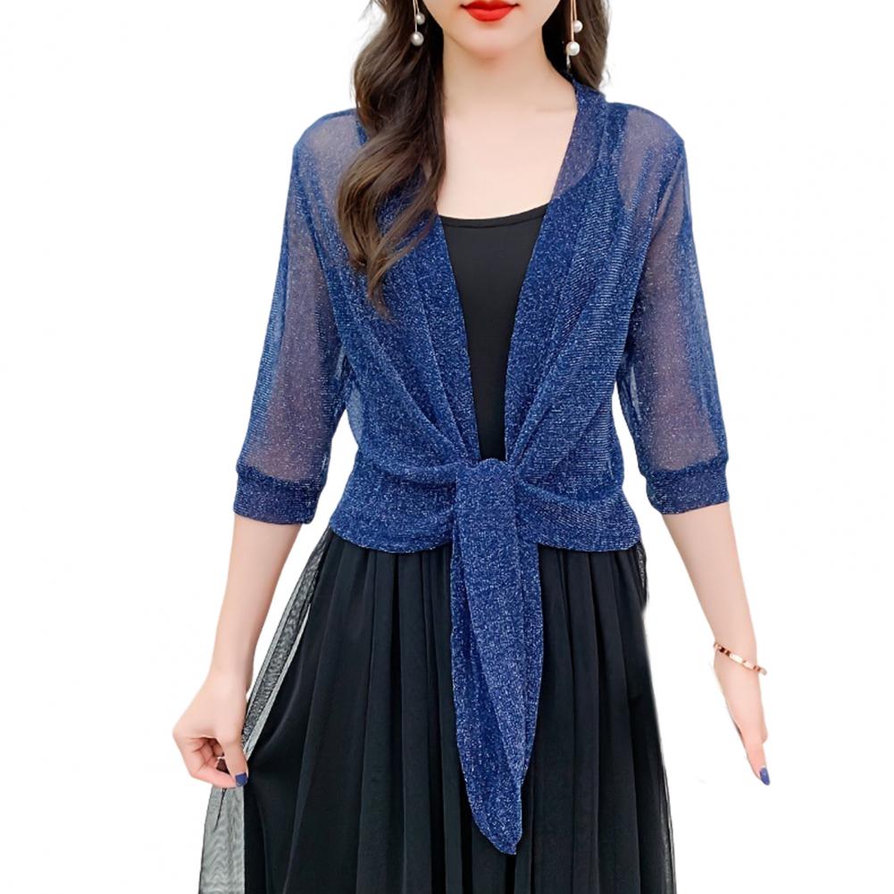 Women Shawl Coat V-neck 3/4 Sleeve Lace-up Thin Coat Solid Color Strappy Design Regular Fit Top Cocktail Party Wear