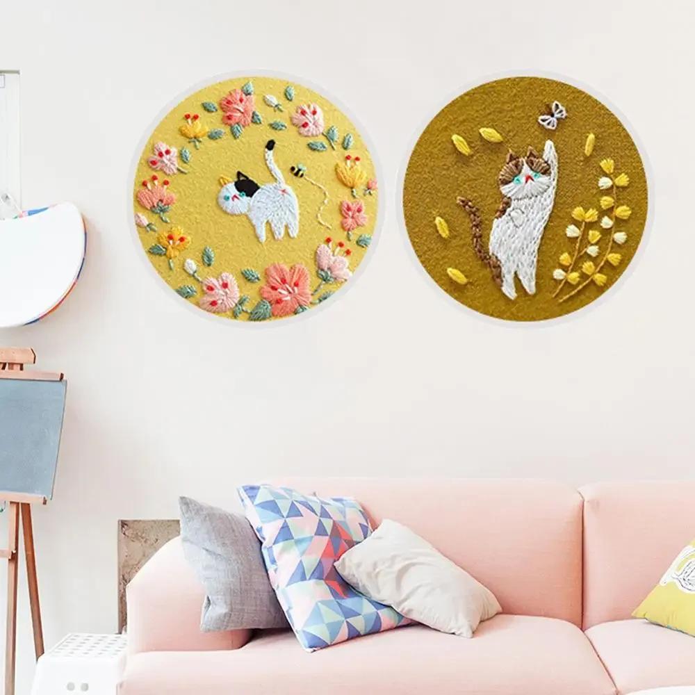 DIY Flower Cat Embroidery Handcraft Needlework Cross Stitch Kit Cotton Embroidery Painting Embroidery Hoop Home Decor