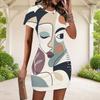 Women Plus Size Round Neck Short Sleeve Printed Fitted Mini Dress