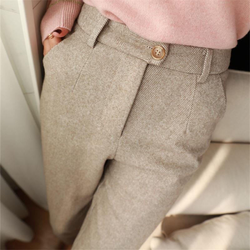 "Herringbone High-Waist Wool Trousers for Women - Slim Straight Fit, Perfect for Spring & Autumn"