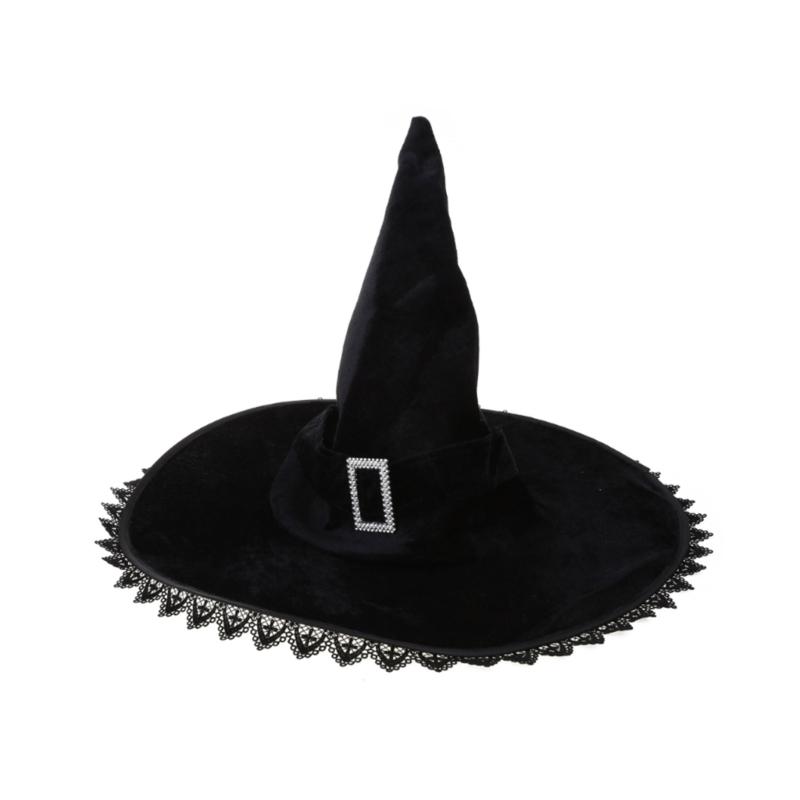 Women Costume Witch Cap Pleated Wizard Hat Halloween Party Headwear Brimmed Hat Tassel/Lace Brim Hats Holiday Headdress