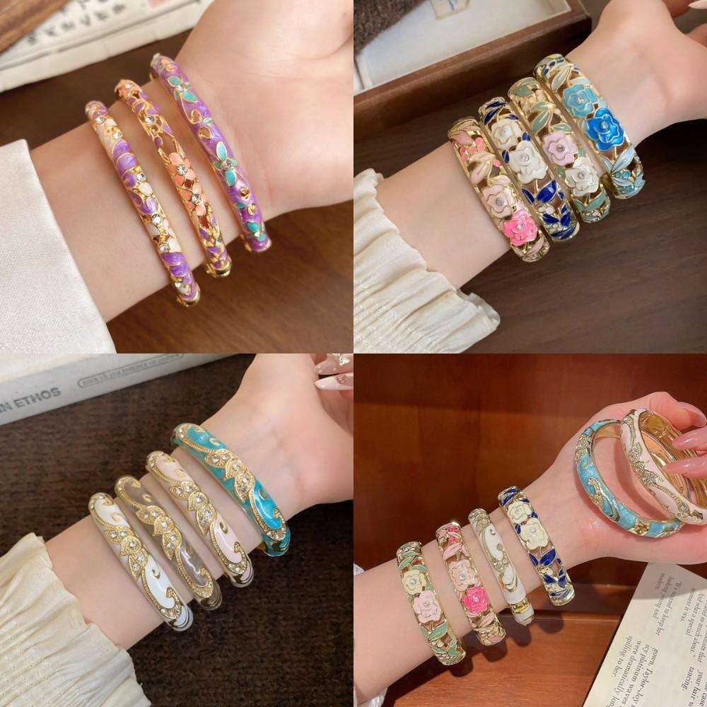 Bracelet Jonc Fleur Chinoise Émaillée Bracelet de Main Traditionnel pour Femme Cadeaux pour Femme Fille