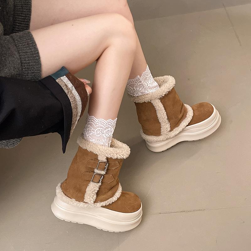 Жіночі Легкі Зимові Утеплені Снігові Чоботи на Товстій Підошві Комбінація Шкіри та Хутра Стійкі до Ковзання Міцні Повсякденні Спортивні Бавовняні Чоботи Хутряні Чоботи