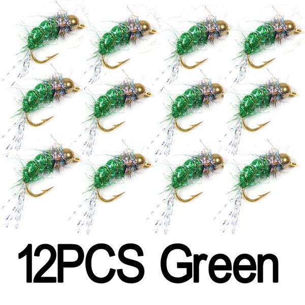 12PCS #12 Bead Head Nymphs Pink Blue Pearl Olive Purple Trout Fishing Nymph Flies
