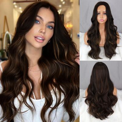 Long Curly Hair Wig Dark Brown Light Brown Mixed Color Long Wig Without Bangs Women's Hair Daily Wear