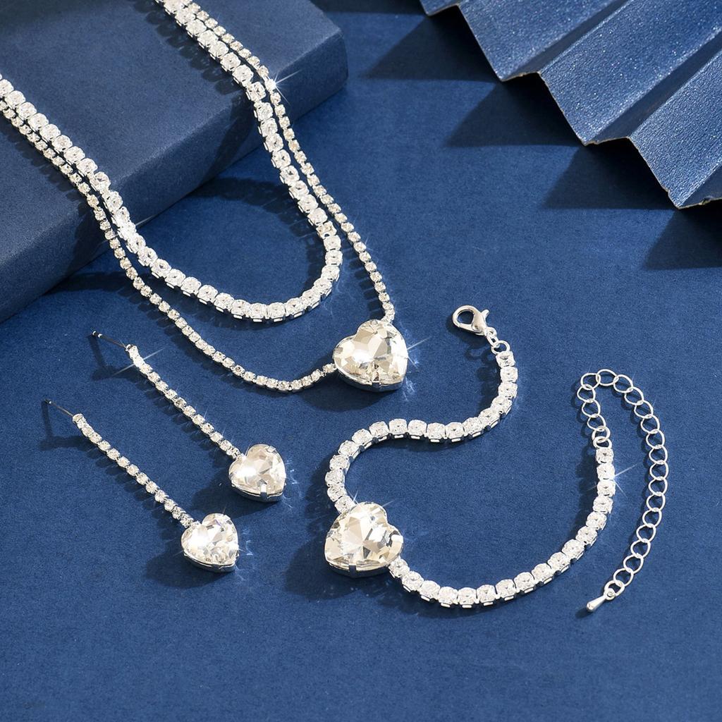 Jewelry Heart Rhinestone Necklace Earrings Bracelet Three-piece Set Fashion Bridal Set Dress Accessories Women's