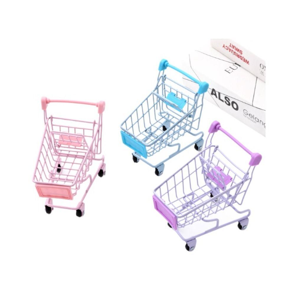 Model Shopping Cart Storage Metal Desktop Stationery Holder Toy Trolley Container  Girls