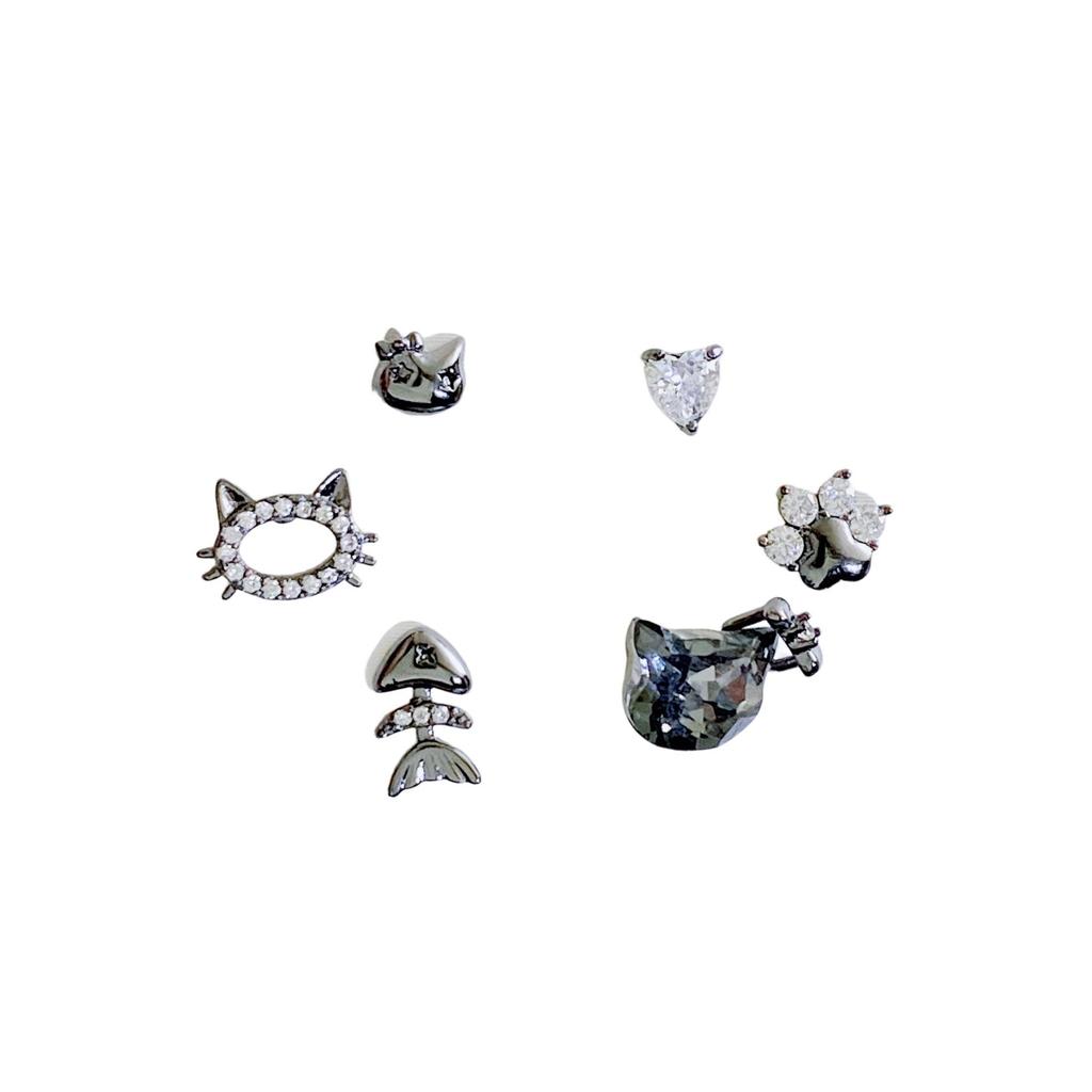 Kanamina Cute Kitten Fishbone Stud Earrings Set, S925 Silver with Inlaid Diamonds - 3 Pair Versatile Set