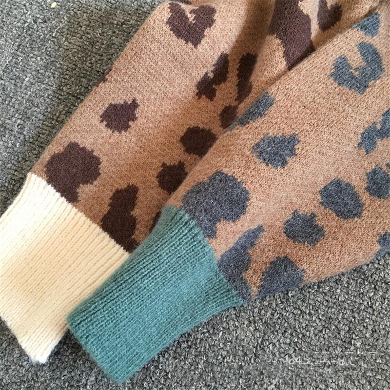 QICED Větrný svetr s patchworkem z leopardího potisku Dámský měkký zahuštěný kašmírový pletený top s dlouhým rukávem ve stylu ins