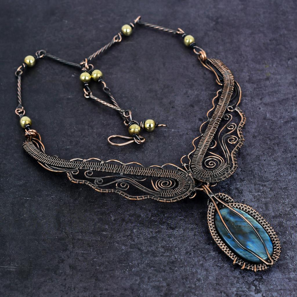 Labradorite, Moonstone Gemstone Copper Wire Wrap Jewelry Necklace 18" P0S07