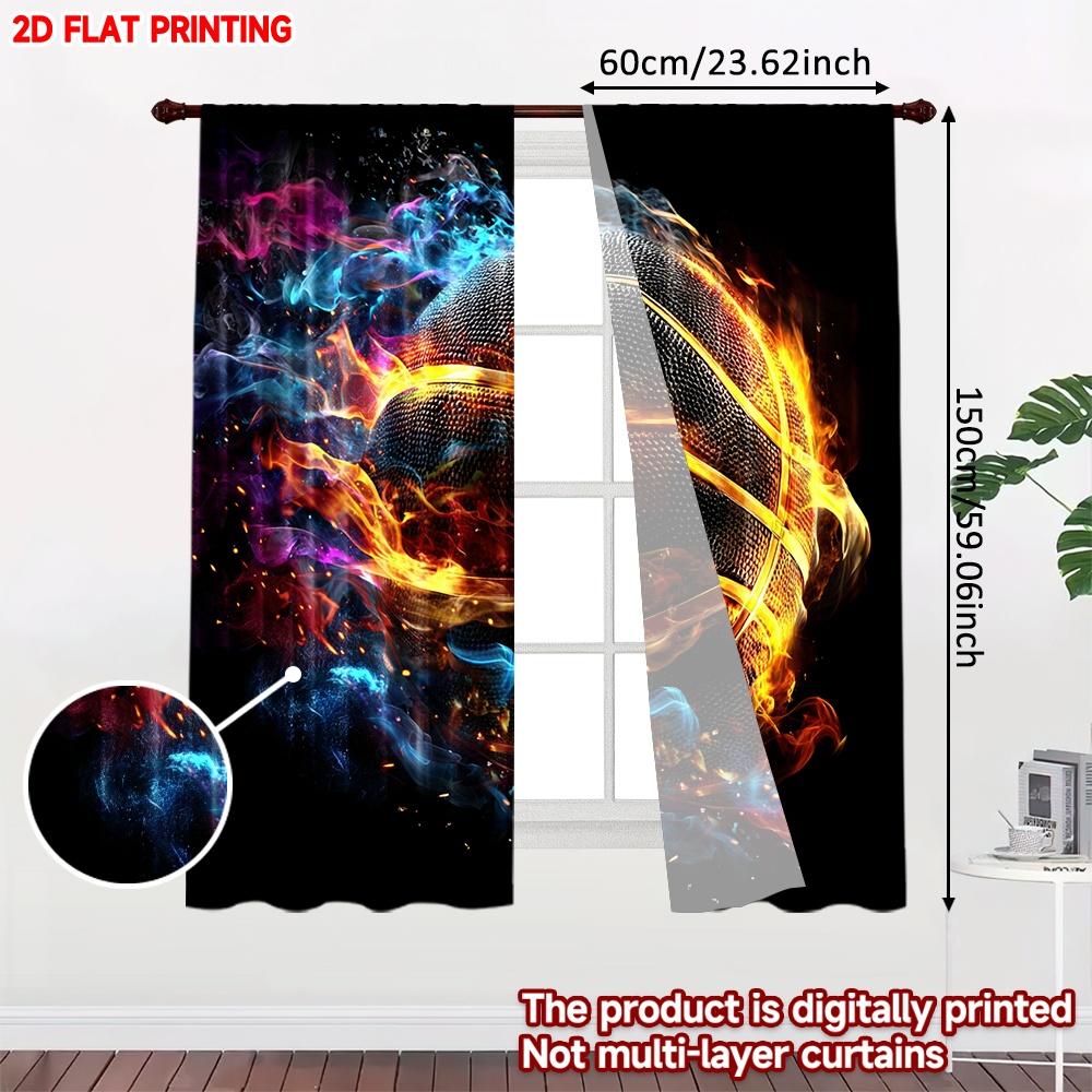 Set Of 2 Flaming Basketball Curtains Digital Printing Dynamic Orange Blue Fireball Black Background Sports Fan Room Decor Curtain Polyester