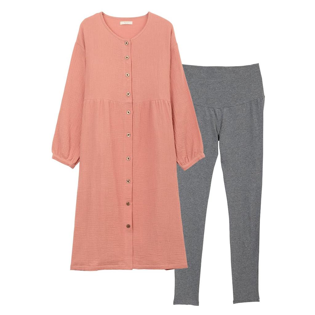 Inujirushi Honpo Maternity and Long Double Round Rose Sizes 2418706 Pajamas, Pre- Post-natal, Sleeve, Open-Front, 100% Cotton, Gauze, Neck, Pink, M-L,