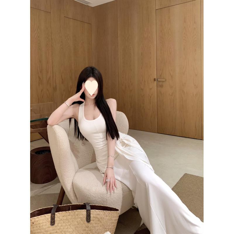 Black u-neck sleeveless I-shaped vest dress women's summer spice girl waist slim skirt temperament hip-wrapped long dress