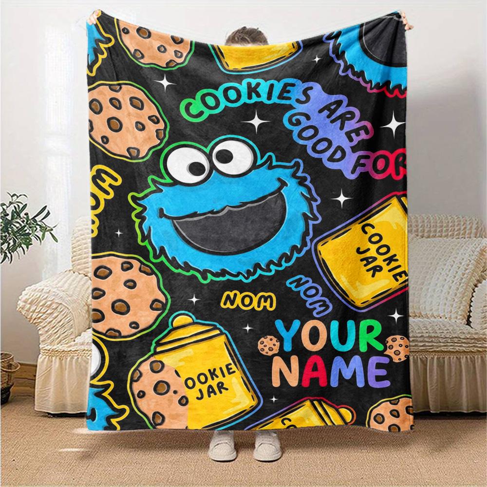 Name Custom Cookie Monster Cartoon Print Flannel Blanket High Quality Warm Comfortable Cover for All Seasons Perfect for Gifts Home Decor