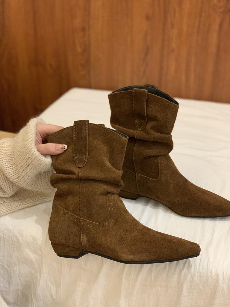 Verze z hovězí kůže! Retro dámské nízkopodpatkové špičaté westernové kovbojské pile boty podzim a zima nové Martensky univerzální tenké boty