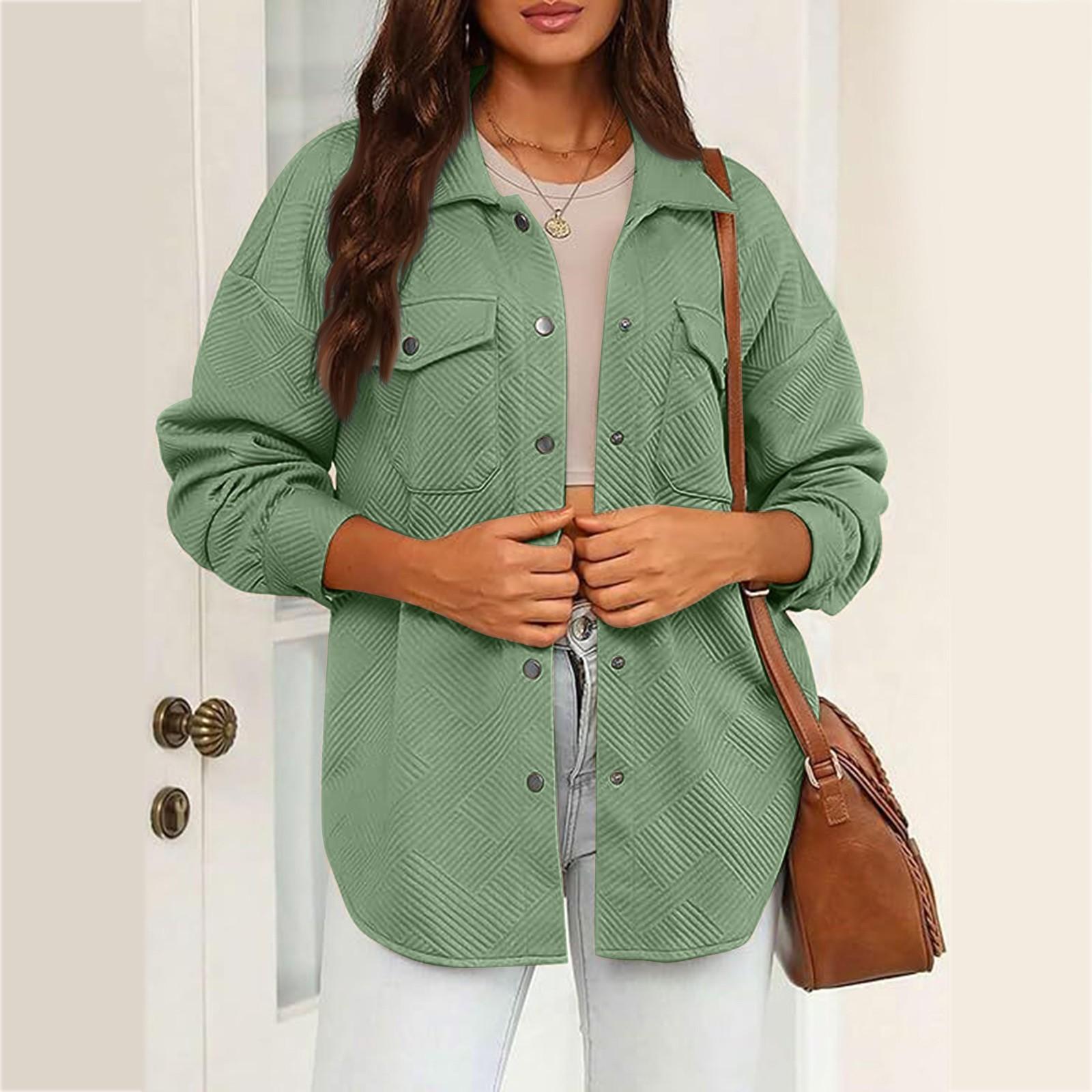 

Женская мода повседневная однотонная куртка с лацканами и свободными одинарными пуговицами с длинными рукавами L армия зеленый