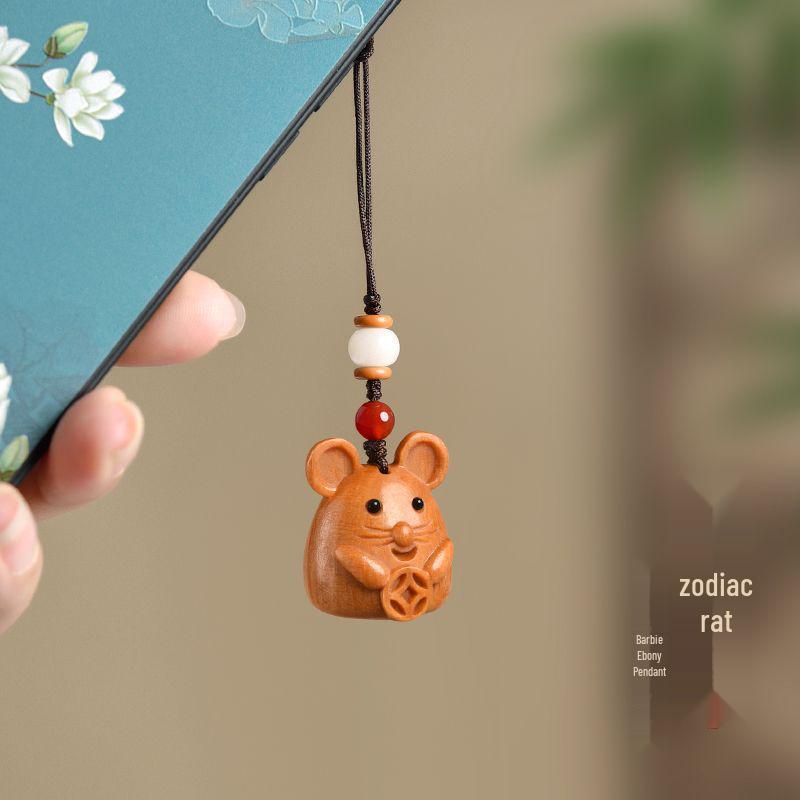 Sandalwood Zodiac Rat Pendant Keychain Necklace: Versatile Charm for Bags and Phones