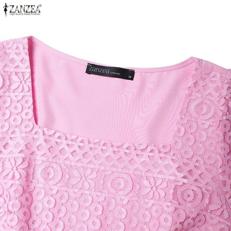 ZANZEA Women Square Collar Summer Casual Short Sleeve Patchwork Lace Dress