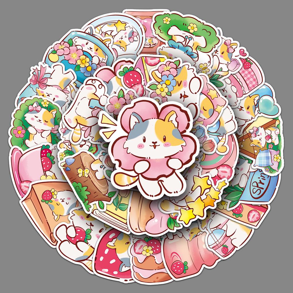 50 Spring Kitten Doodle Stickers Cartoon Cute Creative Decorative Water Cup Mobile Phone Small Mochi Stickers