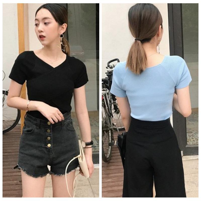Women Fashion V-Neck Crisscross Tops Front Short Sleeve T-Shirt Sexy Slim Shirts