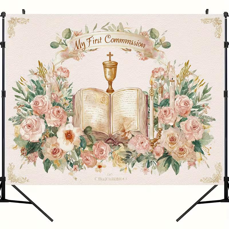 2D Watercolor Style First Communion Backdrop Bible Chalice & Pink Roses Themed Banner