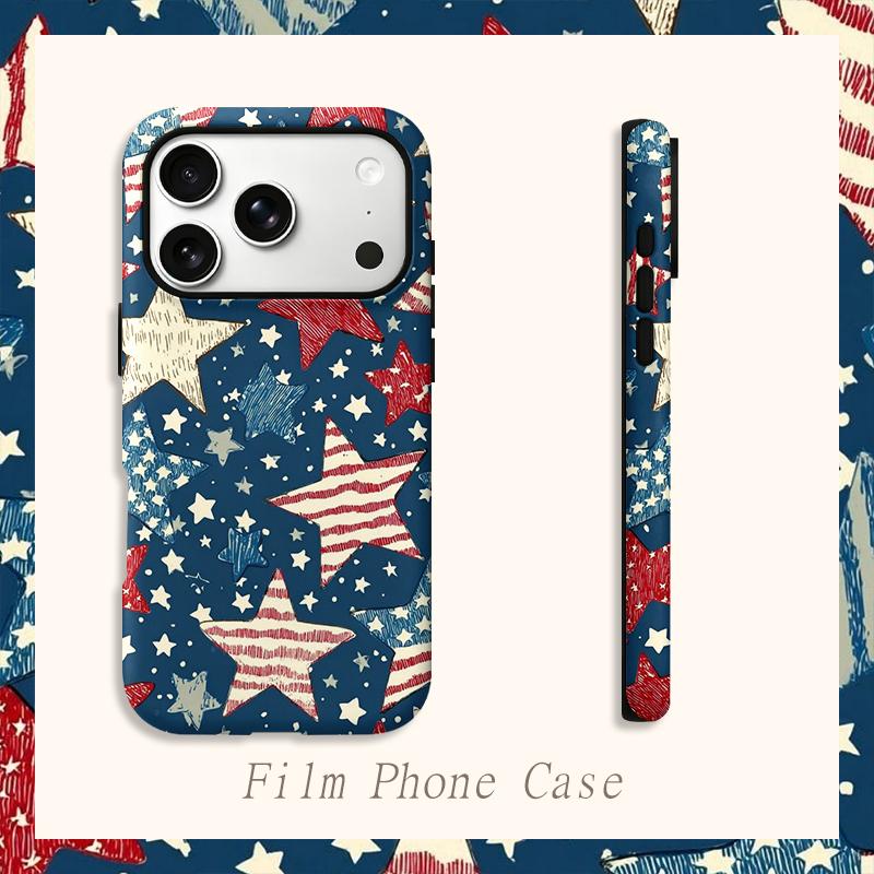 Patriotic Vintage Red White Blue Star Pattern Art Film Aesthetic Protective Shockproof Bumper Case Cover For iPhone 13 14 15 16 17 Pro Max Plus