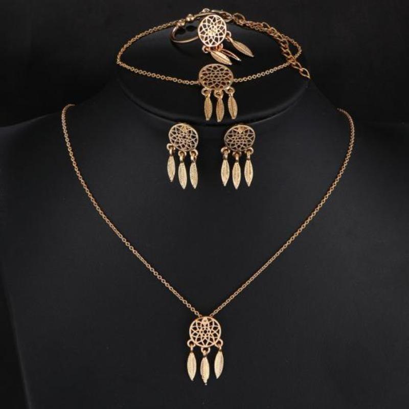 Hollow Dream Catcher Tassel Necklace Earrings Ring Bracelet Women Jewelry Set