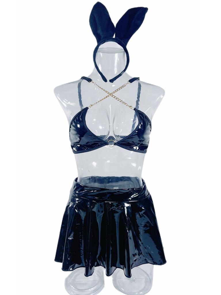 Women's Rave Outfit Set Sexy Metallic Latex Shiny Chain Top PU Leather Mini Skirt Thong Music Festival Bunny Costume 4-Piece Cat