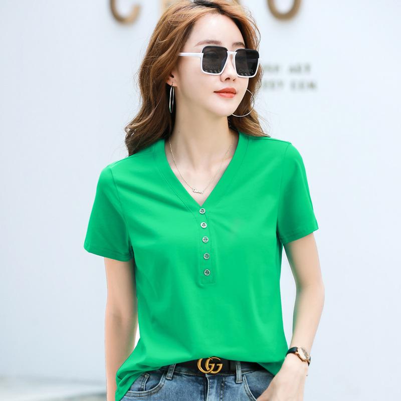 Summer Lady New Fashion Slim Solid Color Comfortable V-neck Tops Women Striped Button All-match Short Sleeve T-shirts