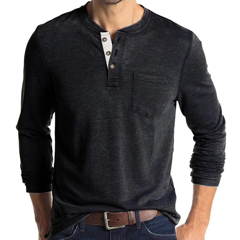 Men's Casual Long Sleeve Henley Shirt with Chest Pocket
