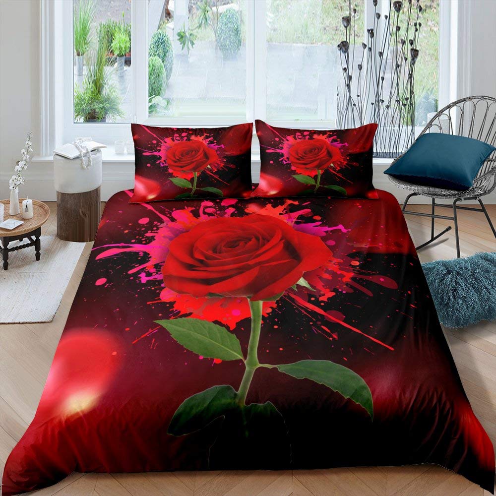 Ensemble Housse de Couette Rose Rouge Ensemble de Literie Imprimé Fleur de Rose Style Romantique Frais Taille King Housse de Couette avec Taies d'Oreiller pour Amoureux