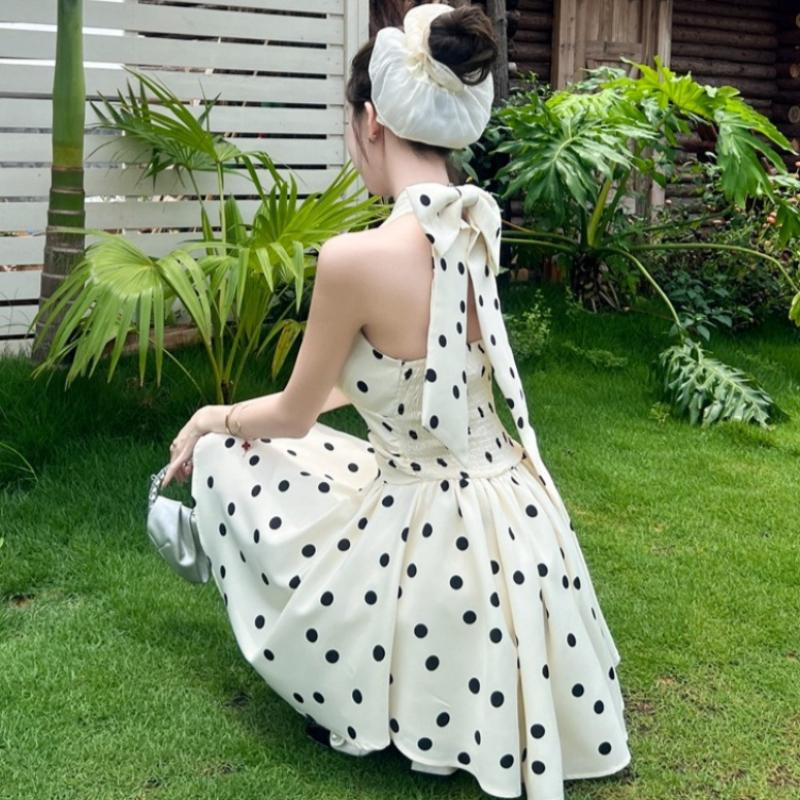 New French Style Elegant Women's Polka Dot Halter Neck Mini Dress with Back Bow Tie Sleeveless A Line Waist Casual Summer Party Summer Short Dress