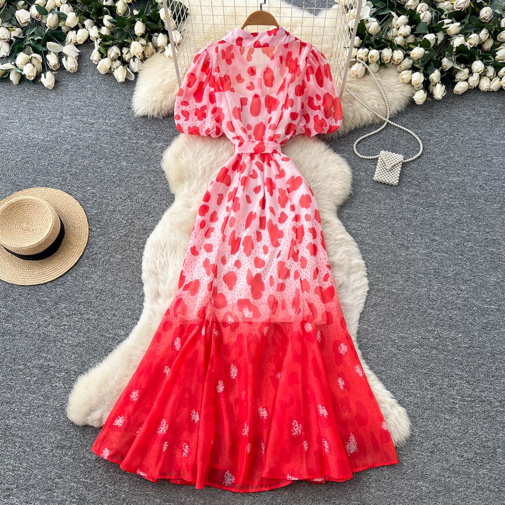 Robe Mi-Longue Imprimé Léopard Style Designer pour Femme Décontractée Coupe Ample avec Manches Bouffantes Liens à Nouer Robe Longue en Mousseline
