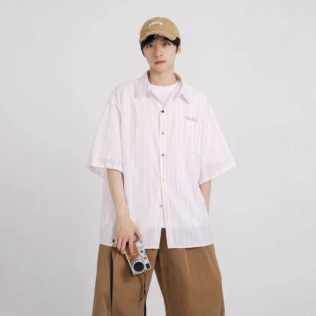 Summer Retro Short-sleeved Striped Shirt Men and Women Couples Style Loose Casual Shirt Jacket