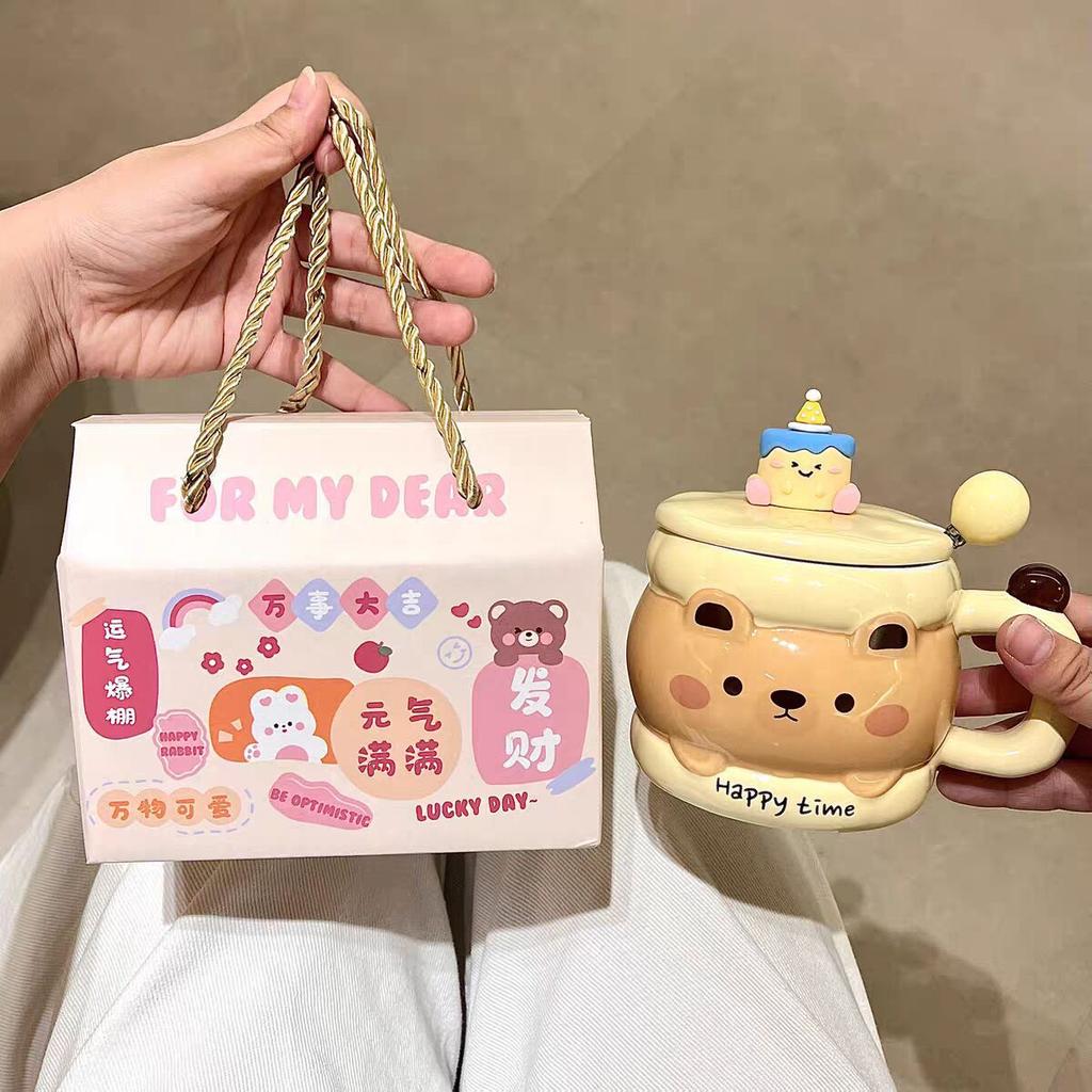 Cute Ceramic Mug With Lid Spoon Household Drinking Cup Couple Breakfast Coffee Cup Birthday Gift For Girls