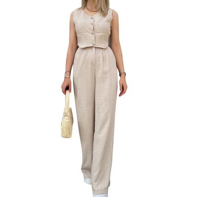 Women Tank Top Long Pants Set Sleeveless V Neck Button Up Wide Legs Two Piece Outfits Casual Set