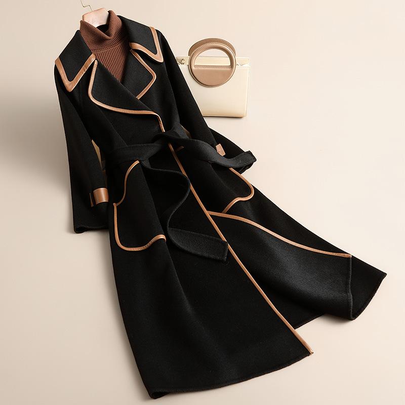 

Temperament woolen coat large size autumn and winter new loose long strap-up double-sided wool coat woolen coat S (recommended about 90-60kg) чорний