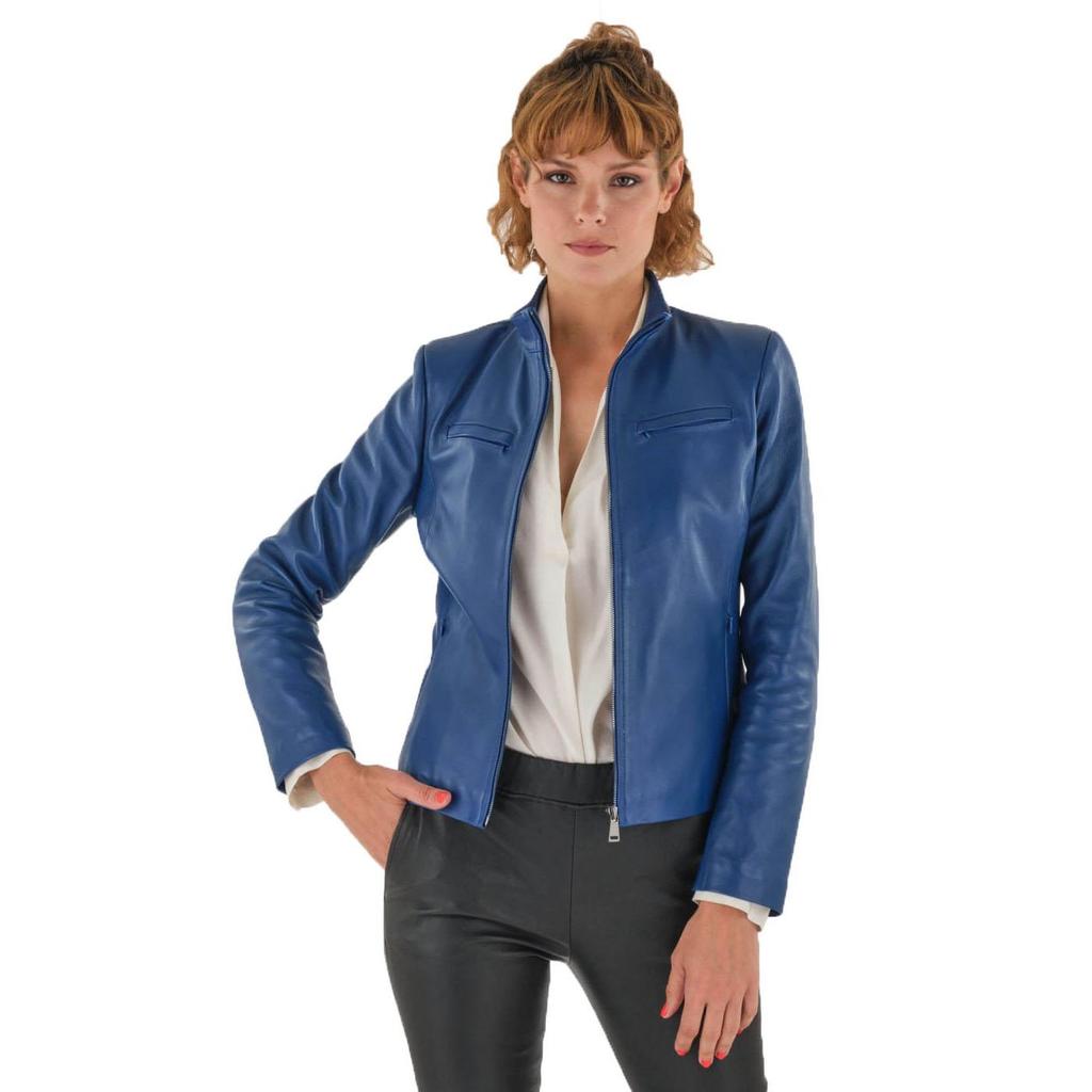 SKINOUTFIT Sexy Women's Blue Biker Jacket Genuine Lambskin Leather Slim Fit Motorcycle Coat