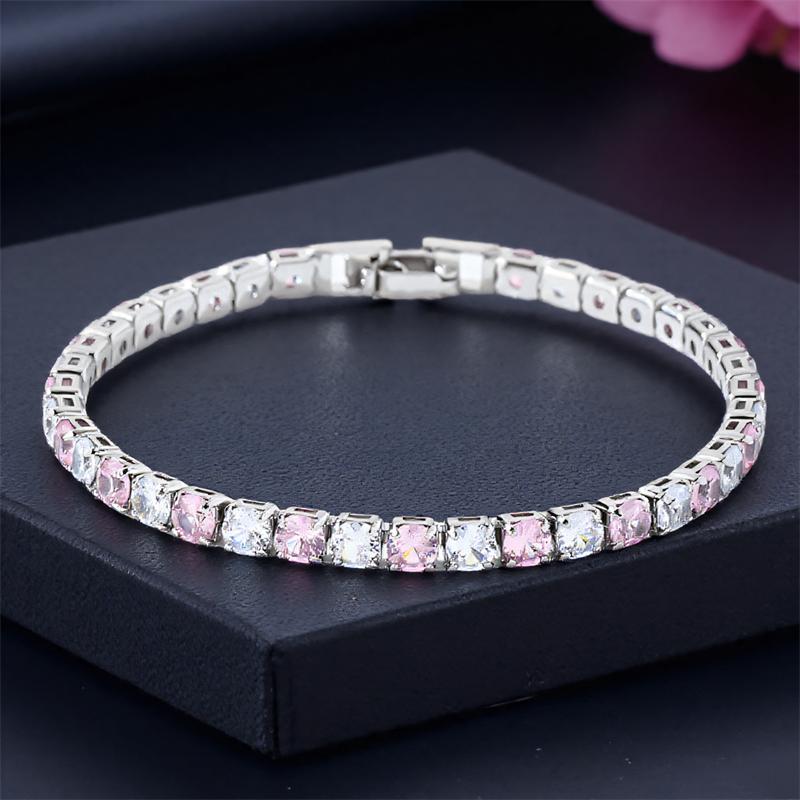 Braccialetti da Donna 4mm Pietra Rotonda Cristallo Rosa Carino Zircone Bianco 17/19cm Catene Colore Argento Vintage Braccialetto Gioielli da Matrimonio