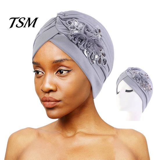 Winter Hat Women Good Stretch Wind-proof Tear-resistant Anti-shrink Brimless Warm Sequin Trim Flower All Match Turban Fashion Accessory Lady Beanie