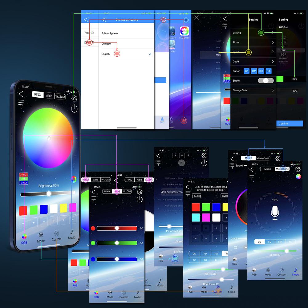 Car Flexible Underglow Strip Light RGB Underbody Sound APP Control Remote Led Neon Light Atmosphere Lamp for Auto Decoration 12V