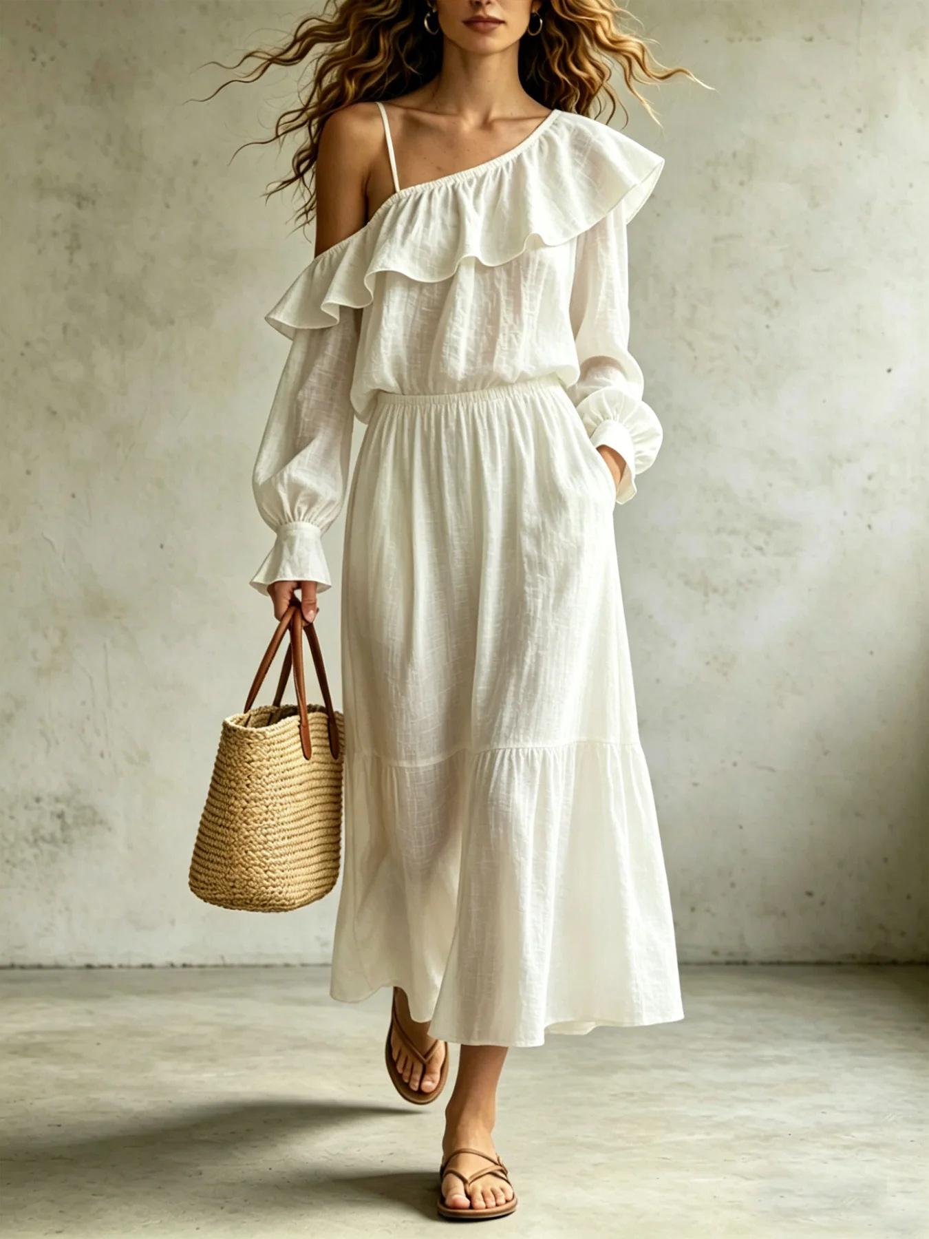 Cross-border vacation style long-sleeved slanted shoulder ruffle edge top, high-waisted pleated A-shaped swinging skirt casual suit S белый