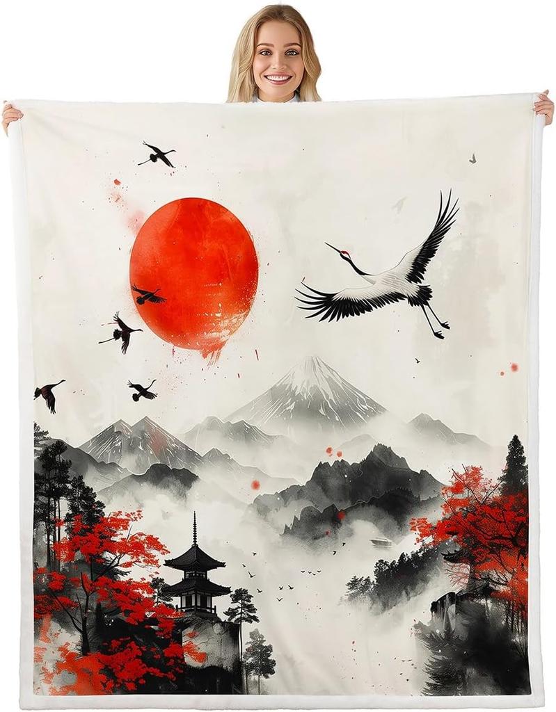 GUOYU Decke Japanische Stil Decken und Überwürfe Kran und Sonne Decke Überwurf für Kinder Erwachsene Kirschblüte Fleece-Decke Orientalische Malerei