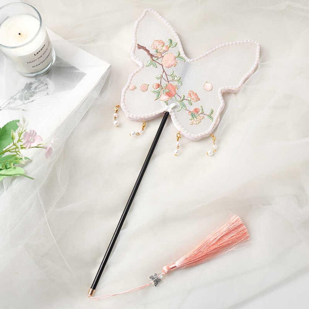 Handmade Embroidery Ancient Style Long Handle Fan Classical Flower Shape Fan  Summer