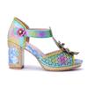 Johnature Genuine Leather Vintage Baroque Style Carved And Painted Floral Comfortable High-heeled Sandals