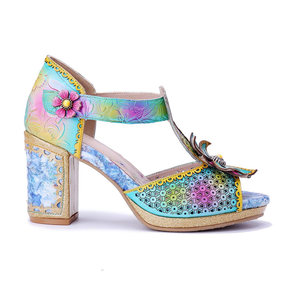 Johnature Genuine Leather Vintage Baroque Style Carved And Painted Floral Comfortable High-heeled Sandals