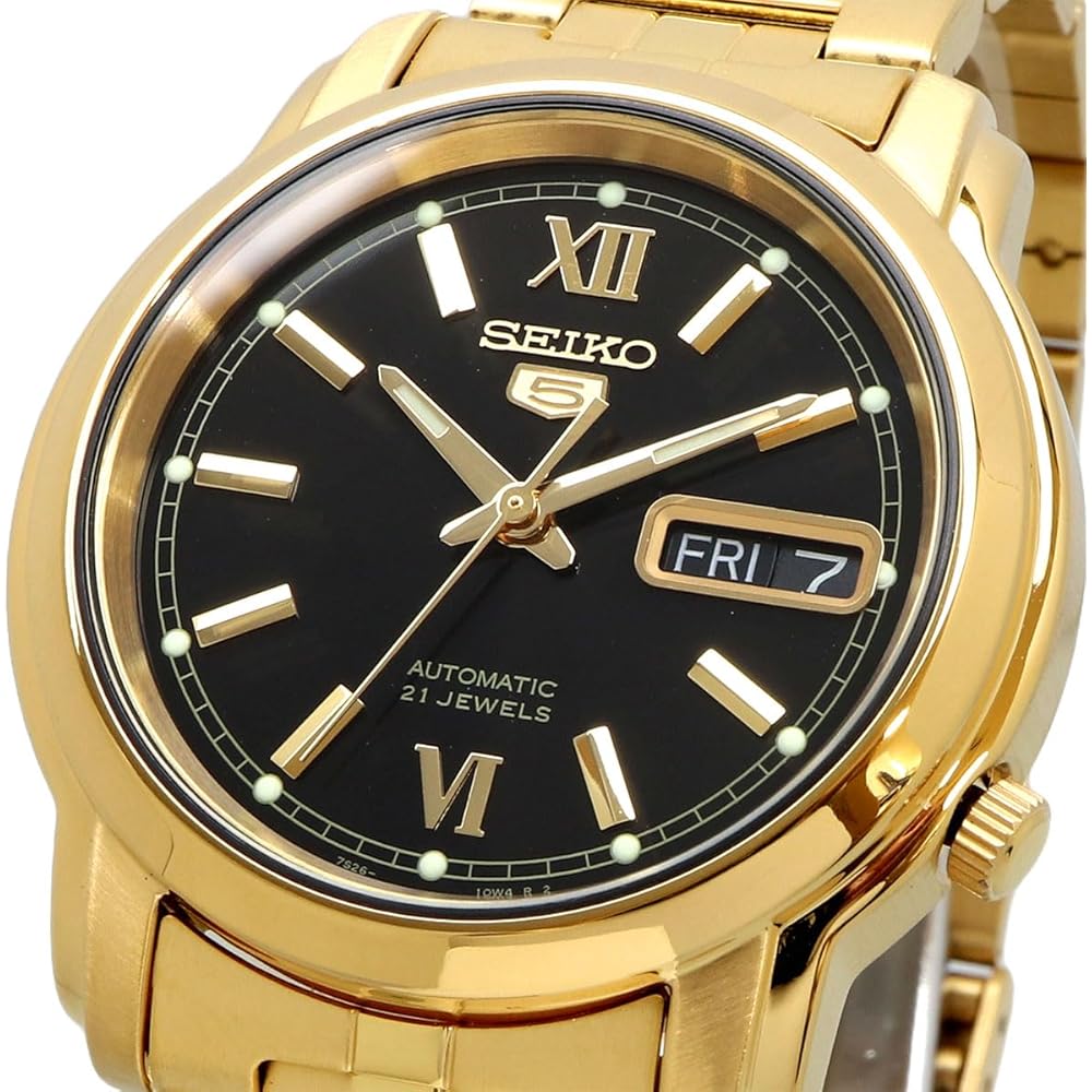 Seiko Five Automatic Men's Watch SNKK86K1 Gold Black Dial Stainless Steel 21 Jewels