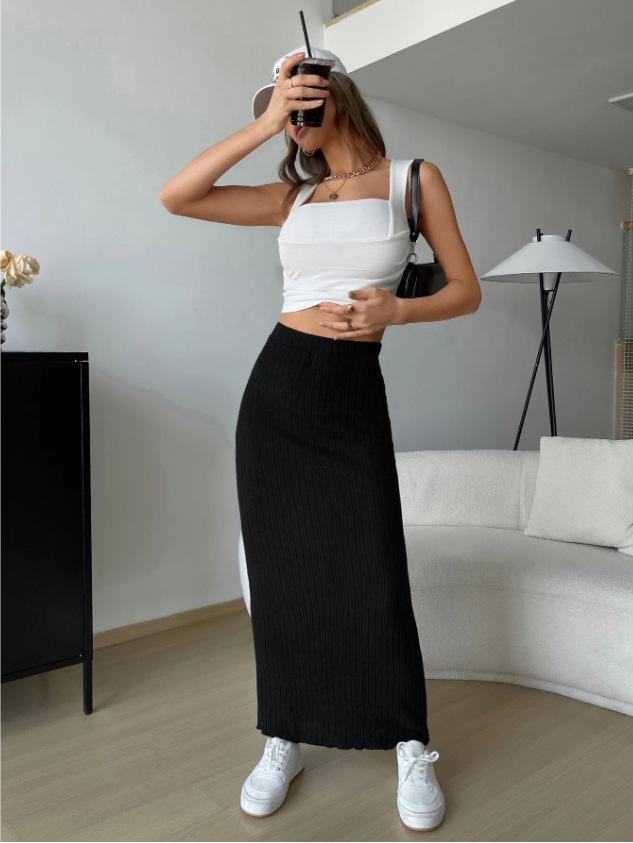 European & American Autumn Casual High-Waisted Hip-Hugging Knitted Midi Skirt for Women