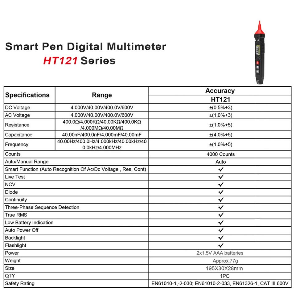 HT121 Digital Pen Type Multimeter DC AC Voltage Tester Smart Multi-meter Voltmeter NCV Phase Sequence Auto Ranging Multimetre